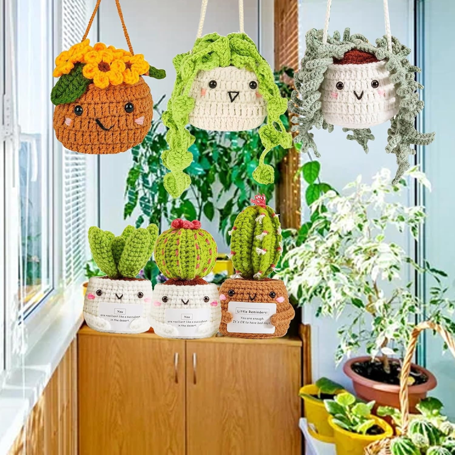 Crochet Kit for Beginners, Boriyuan 6Pcs Hanging Potted Plants and Cactus Succulent Family Crochet Kit with Crochet Accessories, Craft DIY Knitting Supplies for Adults