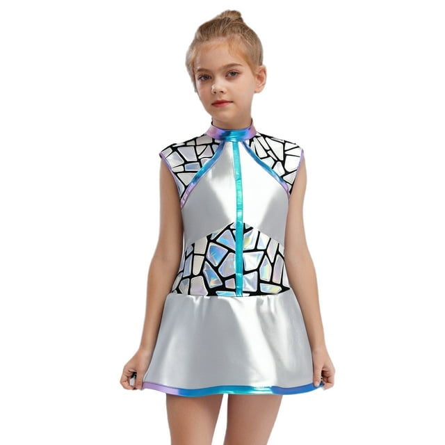 Oyolan Robe Alien pour Filles Enfants Robe Robot Galaxie Cosmique Sequins Sans Manches Évasée Ligne A Robes de Danse Argent 16
