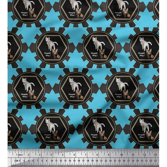 Soimoi Rayon Crepe Fabric Hexagon,Dog & Cat Patchwork Decor Fabric Printed Yard 46 Inch Wide