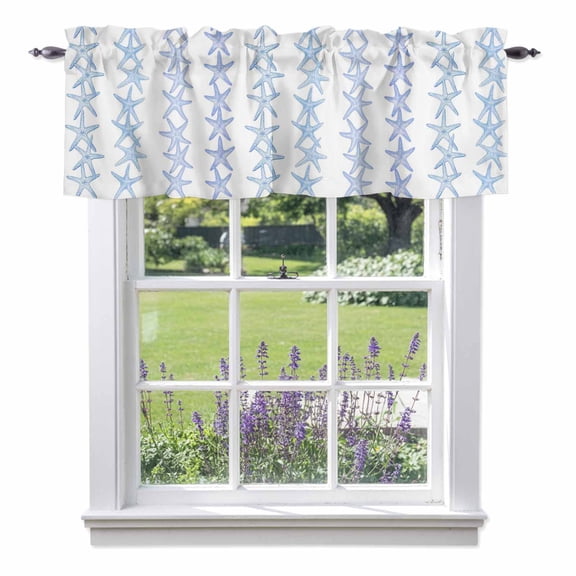Summer Ocean Life Valances for Windows, Watercolor Blue Starfishes Coastal Simple Valance Window Treatment Rod Pocket Short Curtains Valances for Kitchen Bathroom 42"W x 12"L