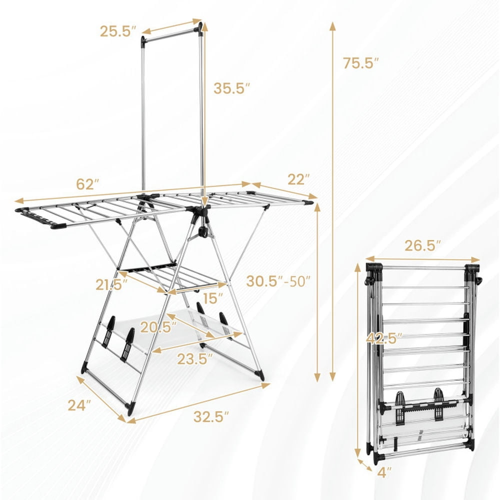 Finihen Drying Rack, Clothes Drying Rack, Clothes Drying Rack with 6-Level Adjustable Height, for Indoor, Outdoor, Silver