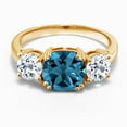 thumbnail image 2 of Gem Stone King 18K Yellow Gold Plated Silver London Blue Topaz and White Topaz 3 Stone Engagement Ring for Women (3.85 Cttw, Gemstone November Birthstone, Cushion 8MM, Size 9), 2 of 5