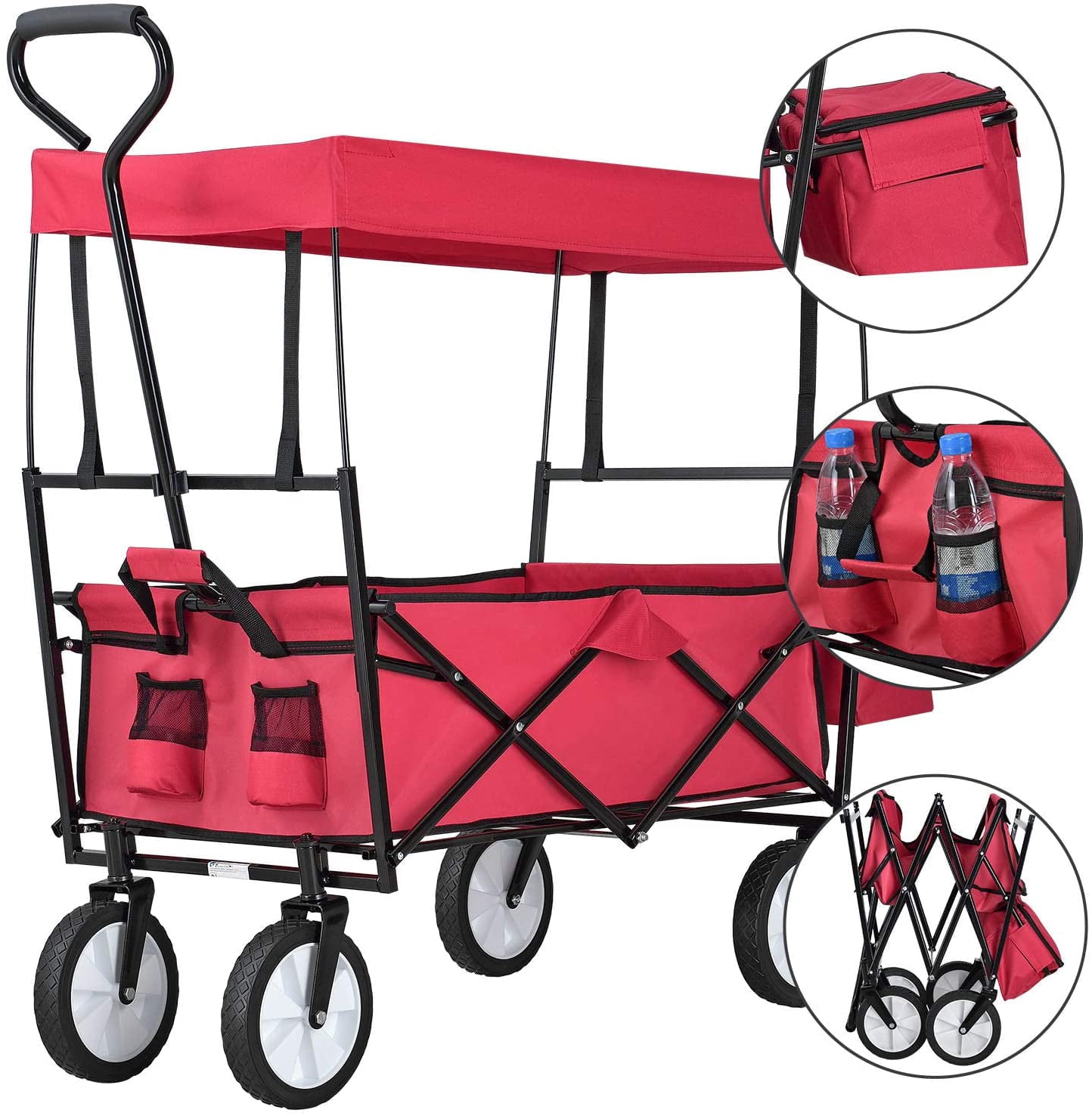 SESSLIFE Folding Beach Wagon for Sand, Collapsible Wagon Cart with Removable Canopy, Adjustable Handles, Extra Pocket and Cup Holder, Utility Cargo Wagon, Red, TE2239