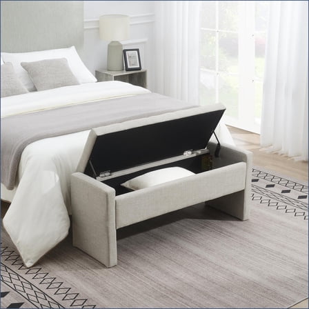 Storage Bench | Modern Upholstered Foot Rest with Storage for Bed End, Living Room, Bedroom | Light Gray | Linen