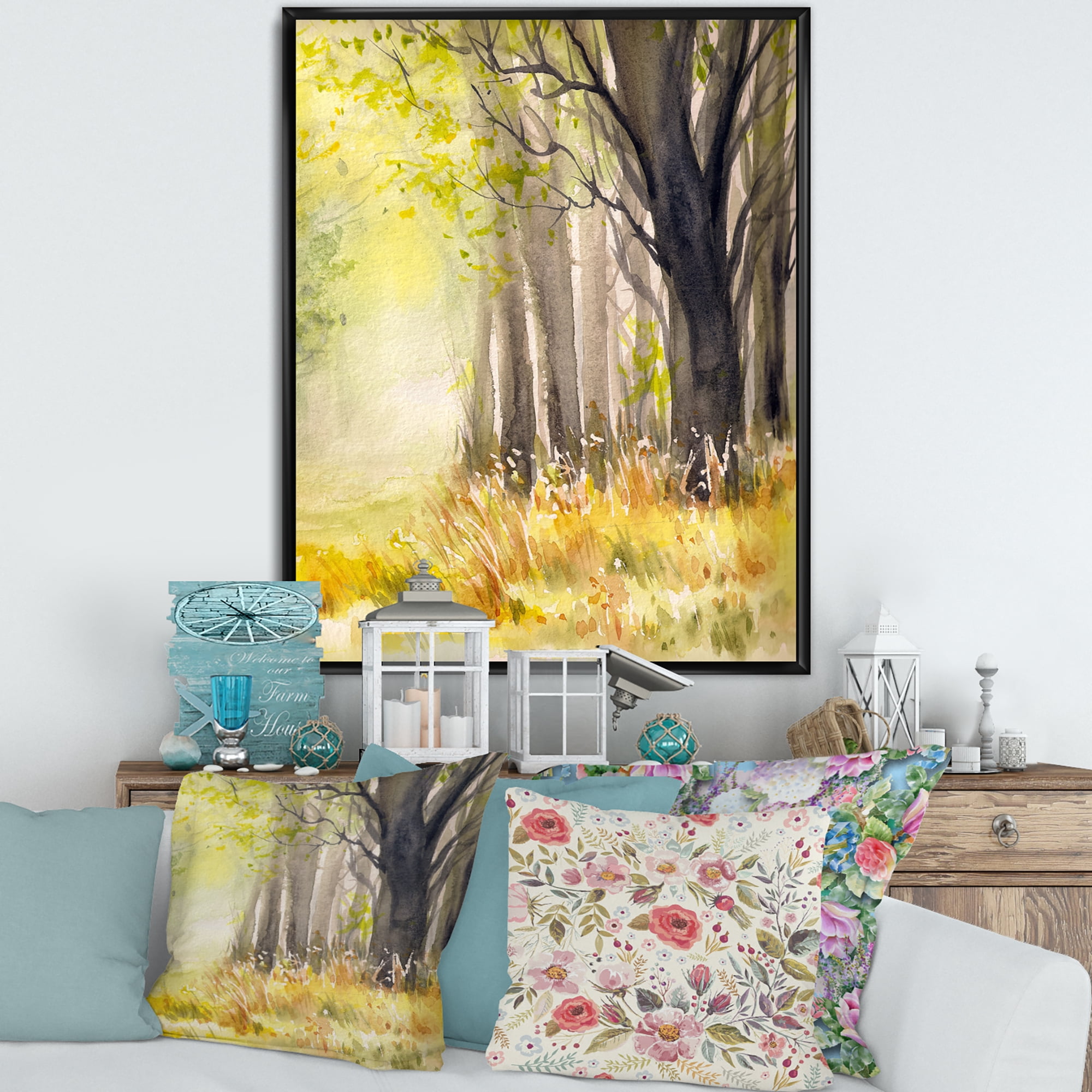 Designart 'Bright Sunshine Through The Yellow Forest Trees II' Traditional Framed Canvas Wall Art Print