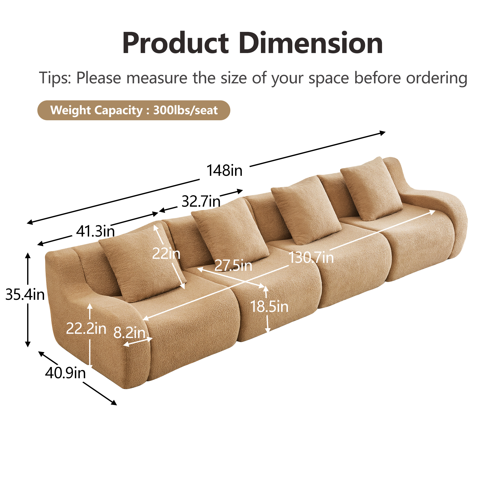 Alvantor Sectional Sofa 148" W 4-Seater Teddy Boneless Couch Modern Deep Seat Cloud Sofa for Living Room Camel