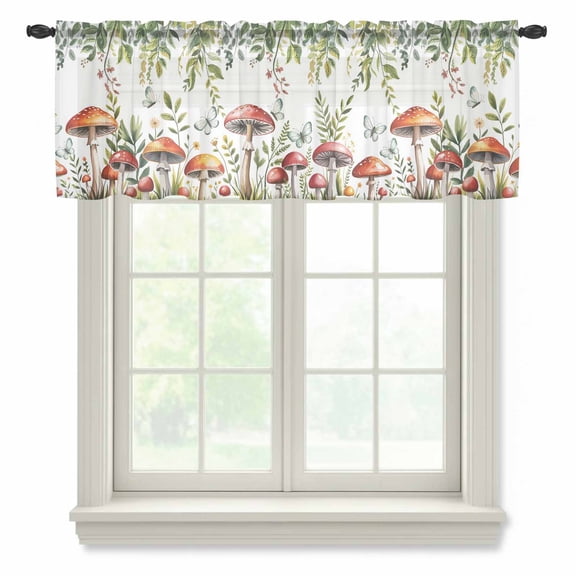 Mushrooms Valance Curtains for Kitchen/Living Room/Bathroom/Bedroom Window, Rod Pocket Small Topper Half Short Window Curtains Voile Sheer Scarf, Spring Flowers Leaves Butterflies Botanical 54"x18"