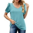thumbnail image 2 of Odeerbi Summer Casual Elegant Tops for Women Fashion V-Neck Solid Short Sleeve Sexy Blouse Sky Blue, 2 of 9