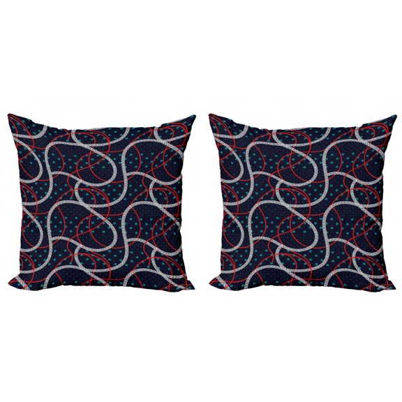 Abstract Throw Pillow Cushion Cover Pack of 2, Polka Dots Ropes Nautical Theme Motifs on Dark Tone Backdrop, Zippered Double-Side Digital Print, 4 Sizes, Night Blue Vermilion, by Ambesonne