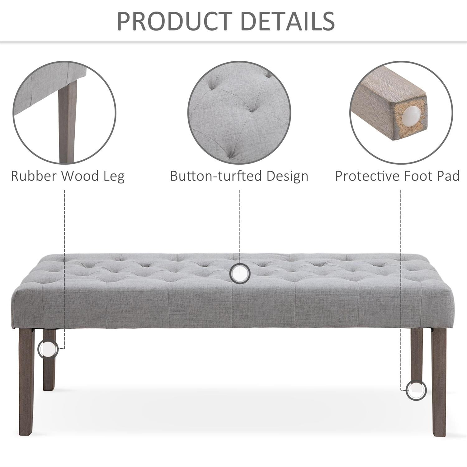 Demi Bonn 52" Upholstered Ottoman Bench with Modern Design for Living Room, Bedroom, Fashionable Tufted Style, Gray