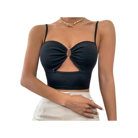 

Biekopu Women Camisole Spaghetti Strap V Neck Cut-out Round Ring Linked Sleeveless Cami Tops Slim Vest