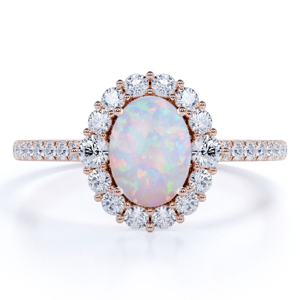 Antique 1.25 ct Oval Blue Opal and Moissanite Promise Ring in 18K Rose ...