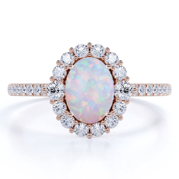 JeenMata 1.50 ct Vintage Halo Oval Blue Opal and Moissanite Solitaire Promise Ring