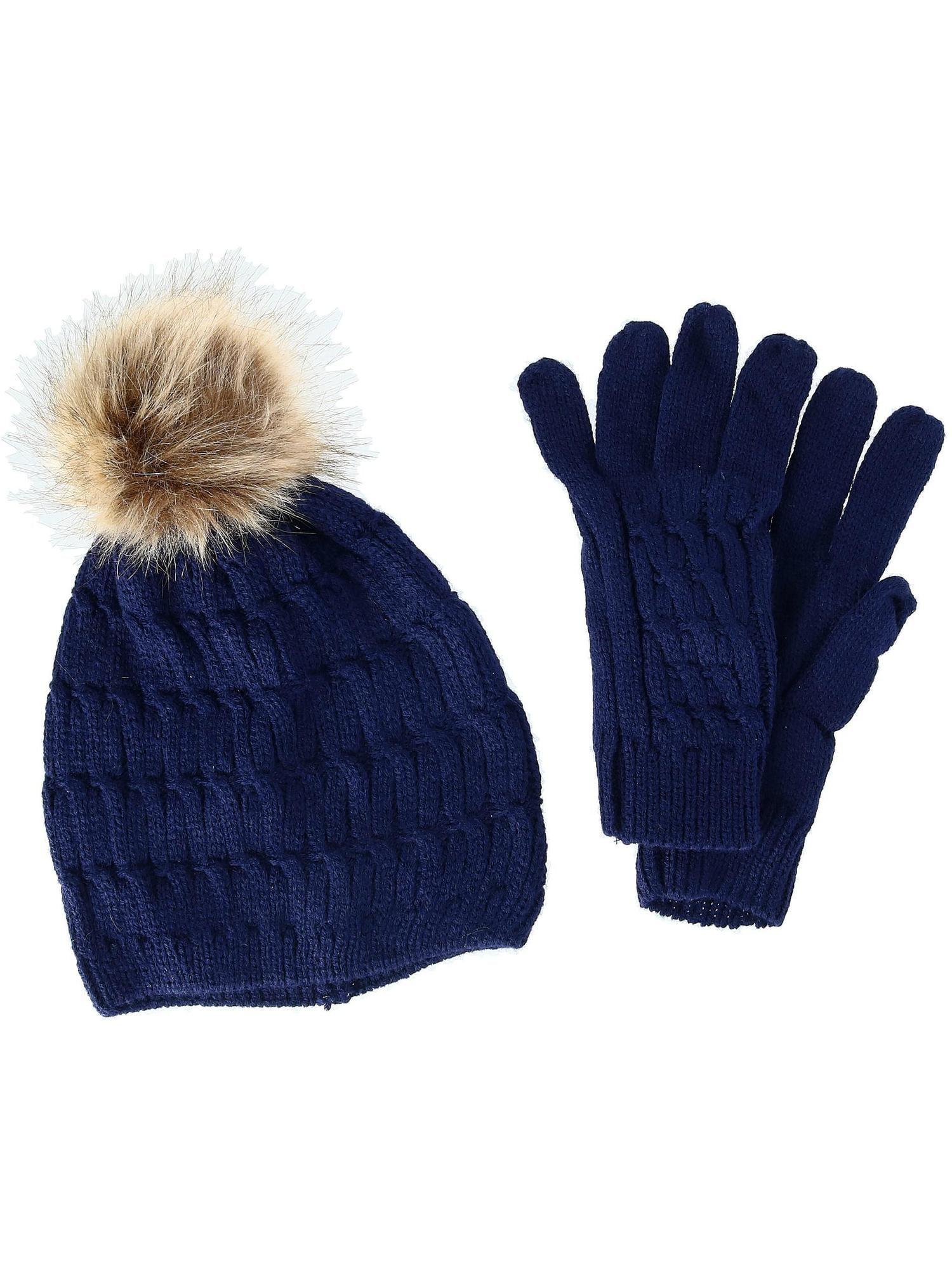 CTM  Knit Beanie Hat with Pom and Matching Gloves Set (Women)