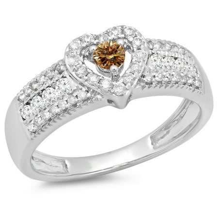 0.55 Carat (ctw) 18K White Gold Round Cut Champagne & White Diamond Ladies Bridal Heart Shaped Promise Engagement Ring 1