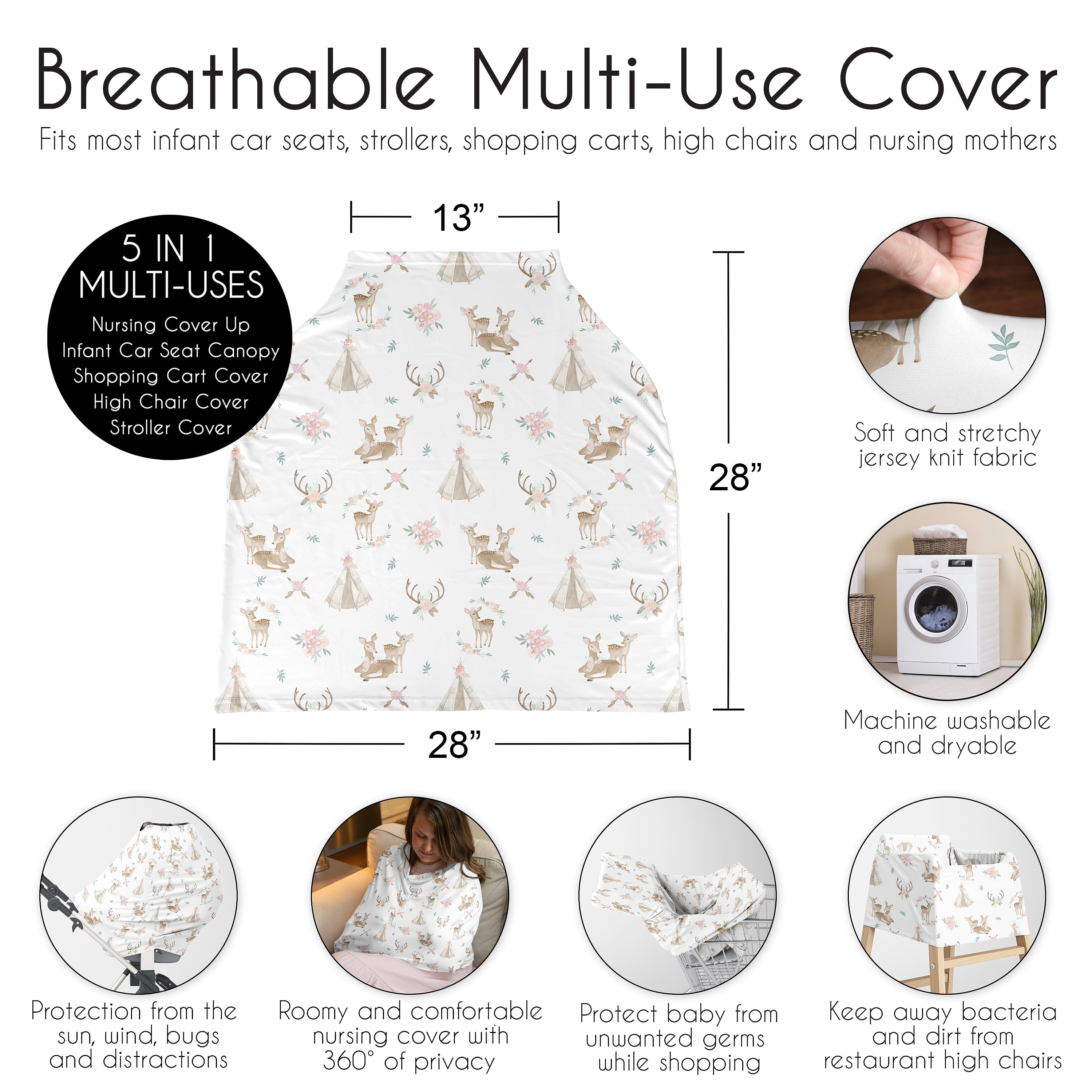 Sweet Jojo Designs Deer Floral Pink Green and White Multi Use Baby Car Seat and Nursing Cover