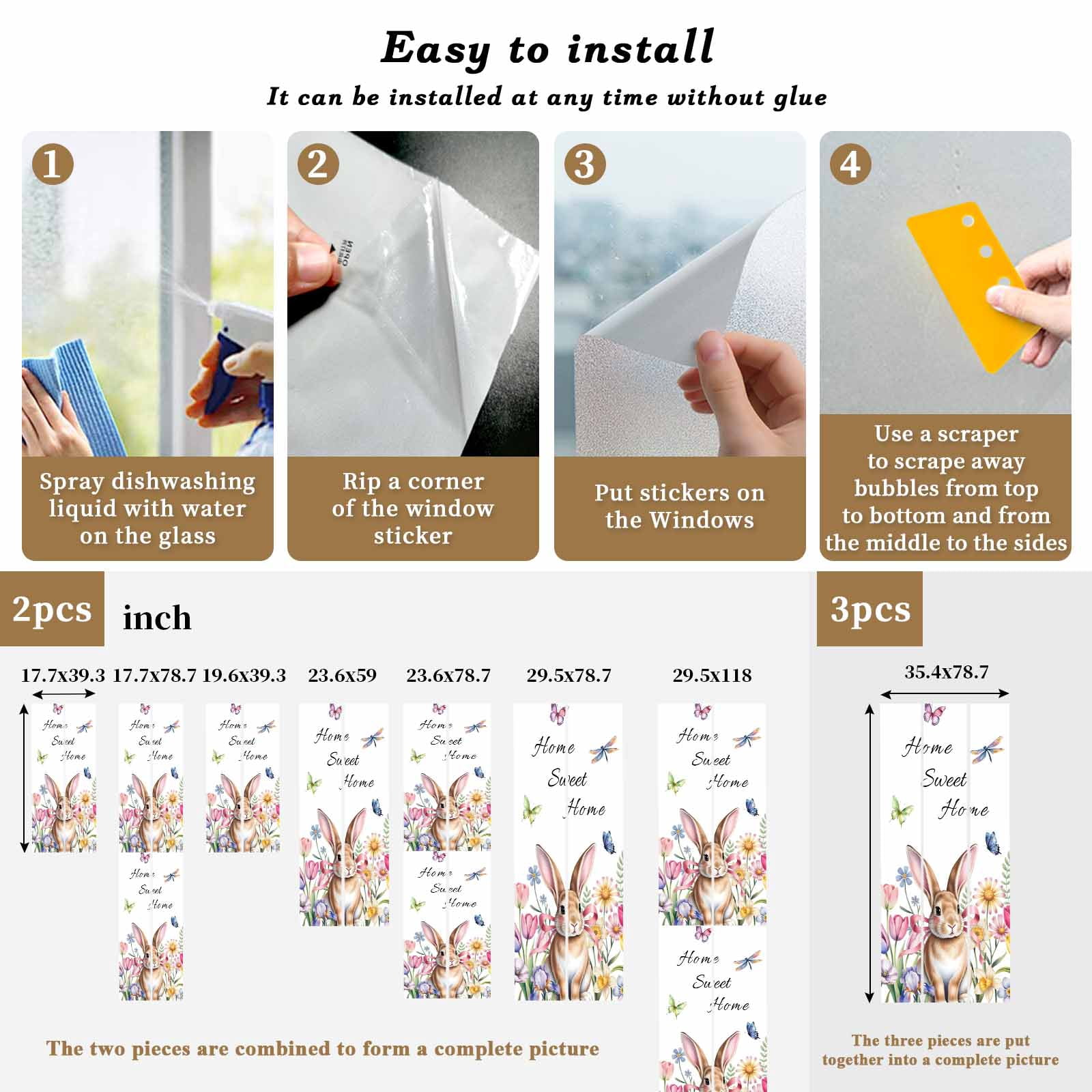Sweet Home Window Privacy Film, Easter Bunny Spring Butterflies Flowers Country Leaf Frosted Glass Window Clings Static Cling UV Heat Blocking Reusable Door Sticker for Bathroom 23.6 x 59 Inch