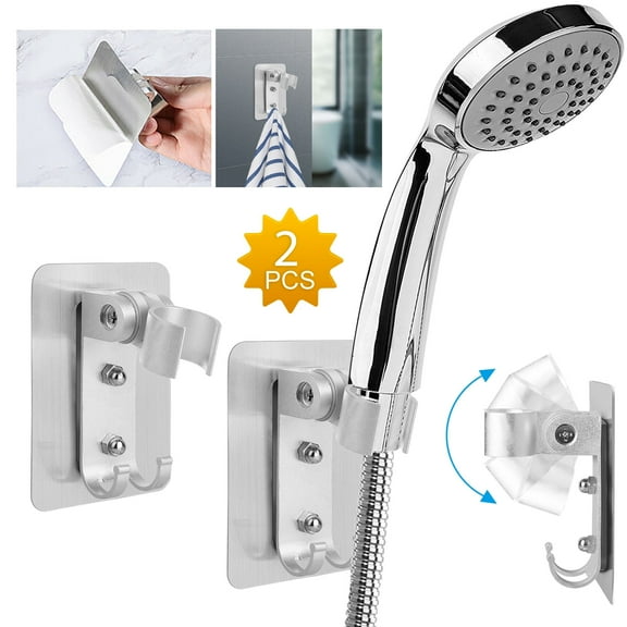 2pcs Adjustable Shower Head Holder, Strong Adhesive Shower Wand Holder, Handheld Shower Head Wall Mount Bracket with 2 Hanger Hooks, Wall Mounting Showerhead & Bidet Sprayer Bracket
