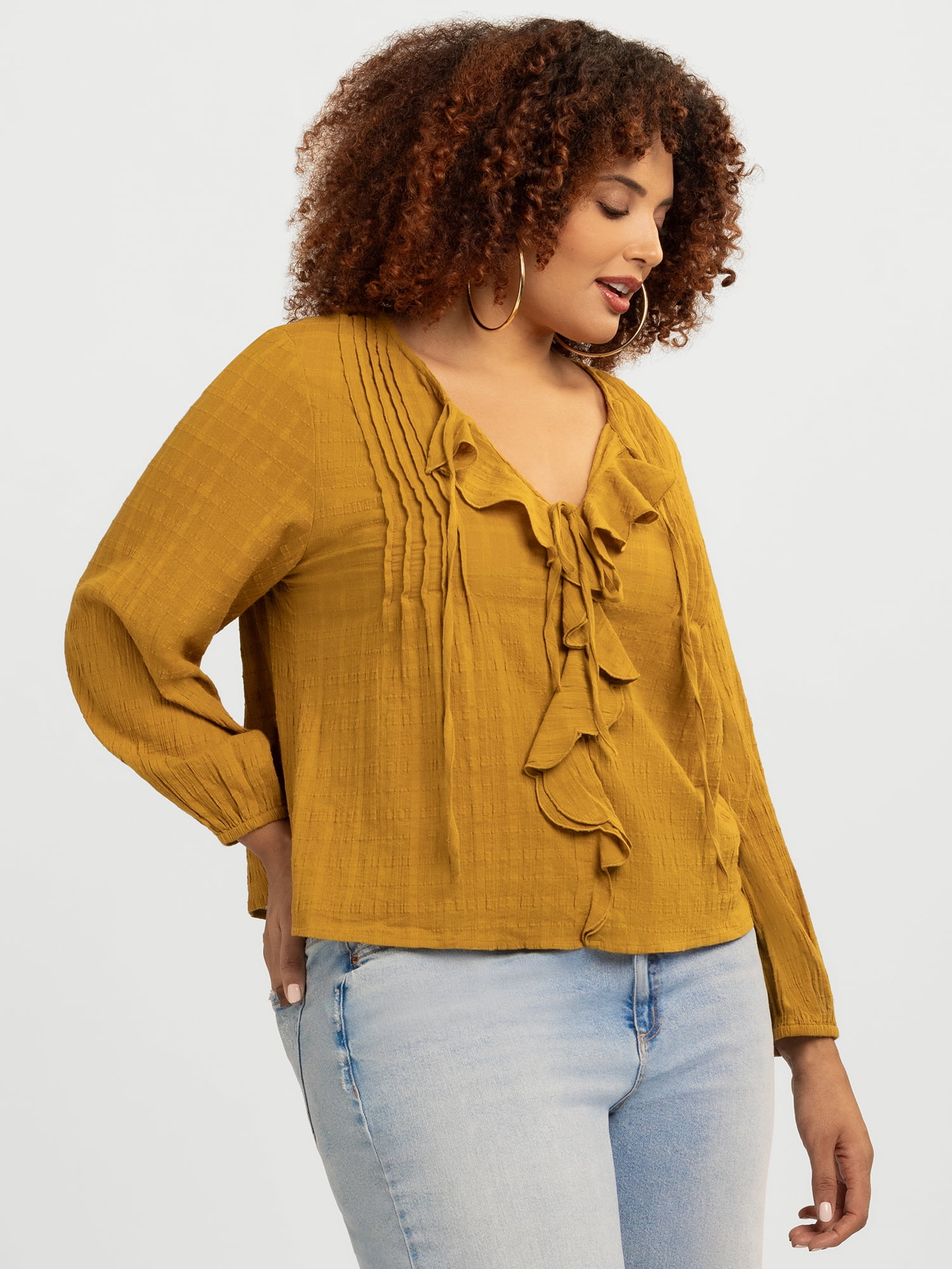Jessica Simpson Women's Plus Hilaria Cotton Ruffle Top with Long Sleeves, Sizes 0X-4X