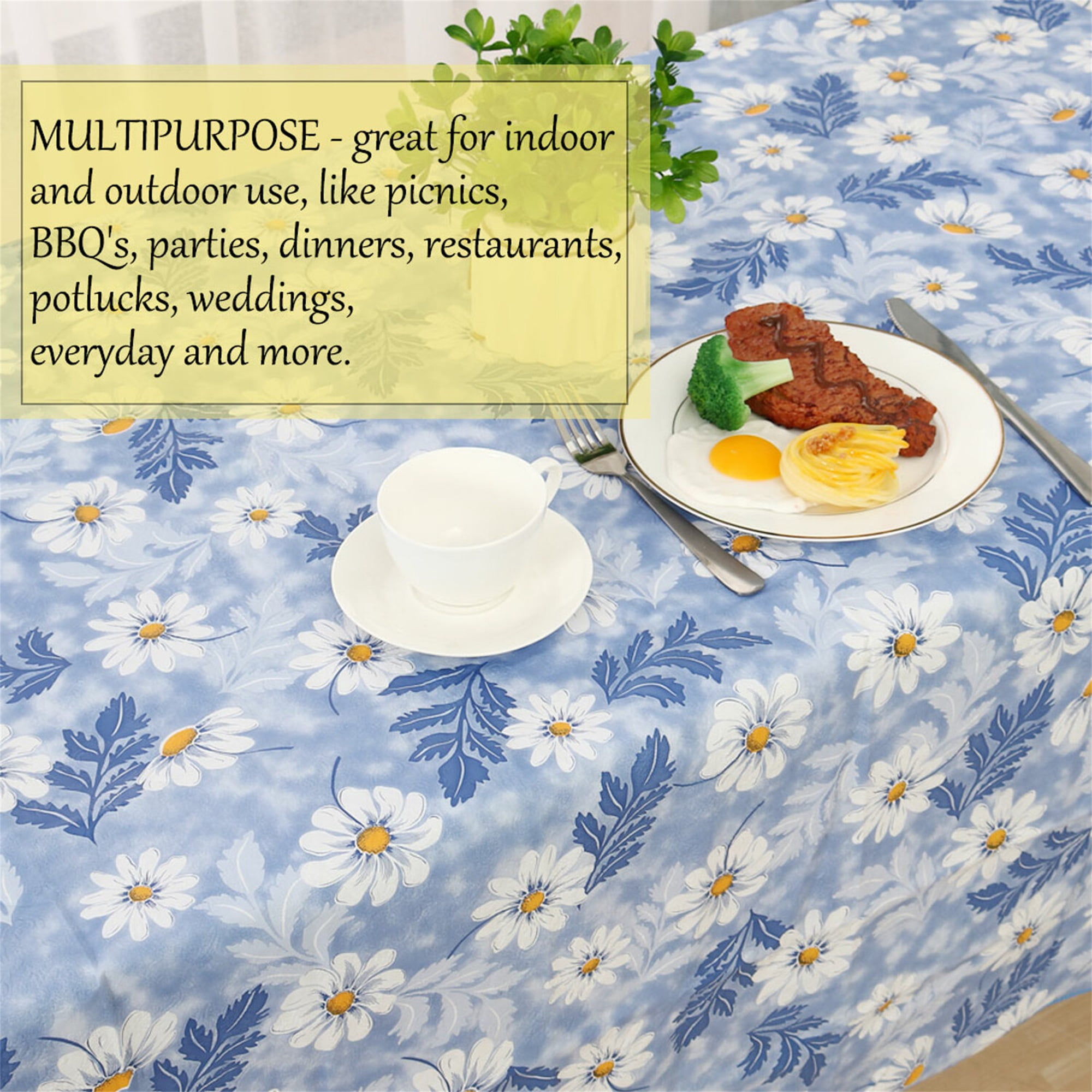 Unique Bargains Vinyl Rectangle Table Cover Blue Daisy Pattern Tablecloth 54" x 71"