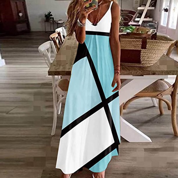 WILLBEST Vestidos Largos Casuales para Mujer Verano Casual Sexy sin Mangas Cuello En V Largo Geométrico Color Estampado Vestido Mediana