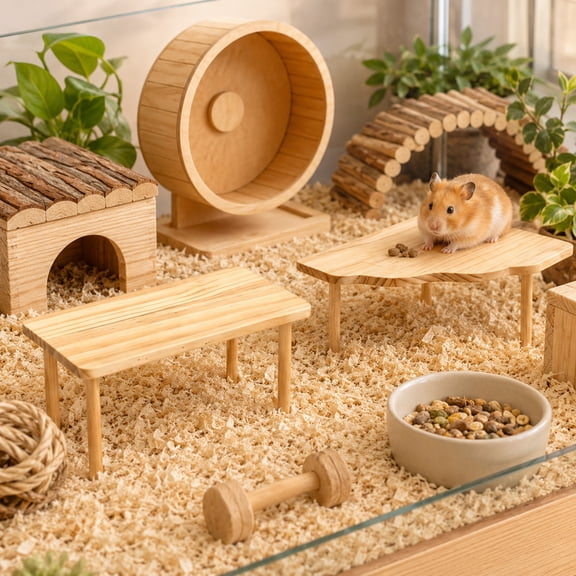 2-Pack Natural Wood Hamster Ledge Set | Rectangle & Corner Elevated Platform for Cages, Small Animal Hideout, Gnawing Safe & Sturdy Wooden Shelf for Bedding