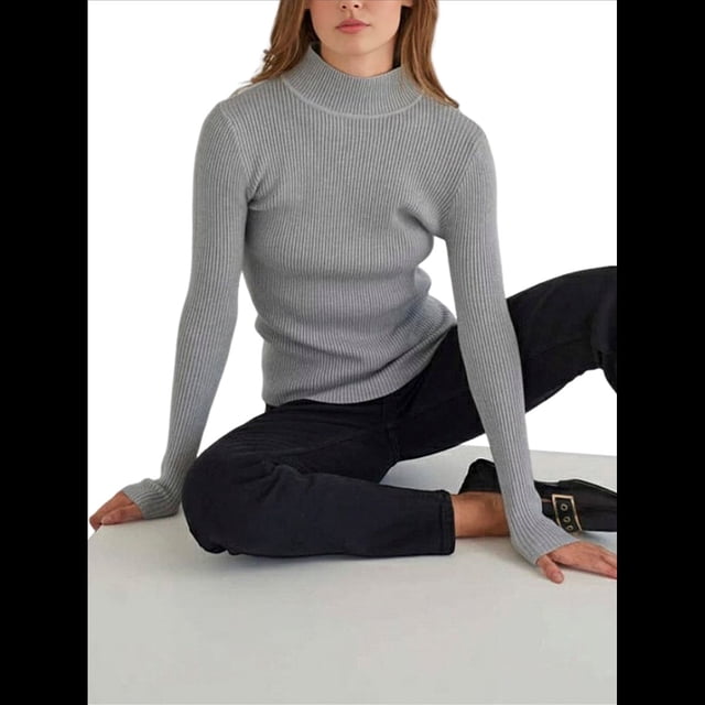Suéter de Cuello Alto Acanalado para Mujer, Larga, Blusa Térmica de Peso Medio Gris un Tamaño