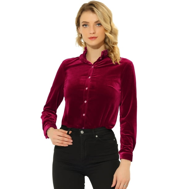 Blusa de terciopelo para mujer con volantes y cuello alto manga larga con botones Vino rojo XS Allegra K Camisa