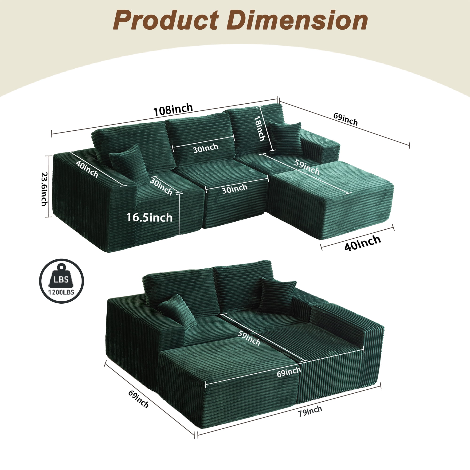 Boneless Cloud sofa, Small Sectional Loveseat Sofa with Memory Foam,No Assembly Required,Soft Corduroy Fabric,Compact Box Delivery for Apartments & Living Rooms