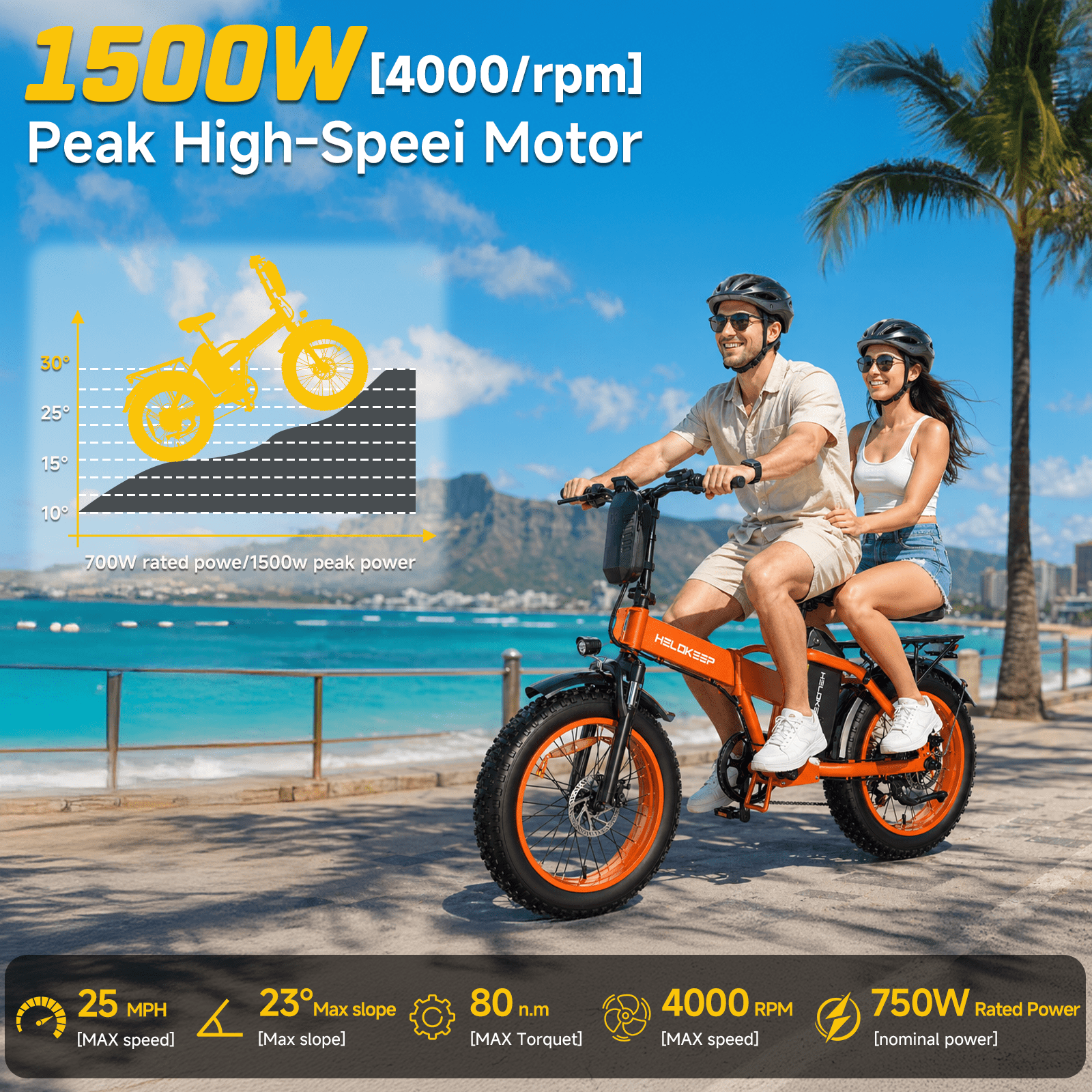 Efunkeep 750W 1500W Folding Electric Mountain Bike 48V 25Ah UL 2849 20x4 Fat Tire 7-Speed Orange