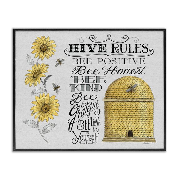 Stupell Industries Rustic Lodge Hive Rules Motivational Phrases Bee Puns Vintage Beehive Black Framed Giclee Art, 14 x 11, by Deb Strain