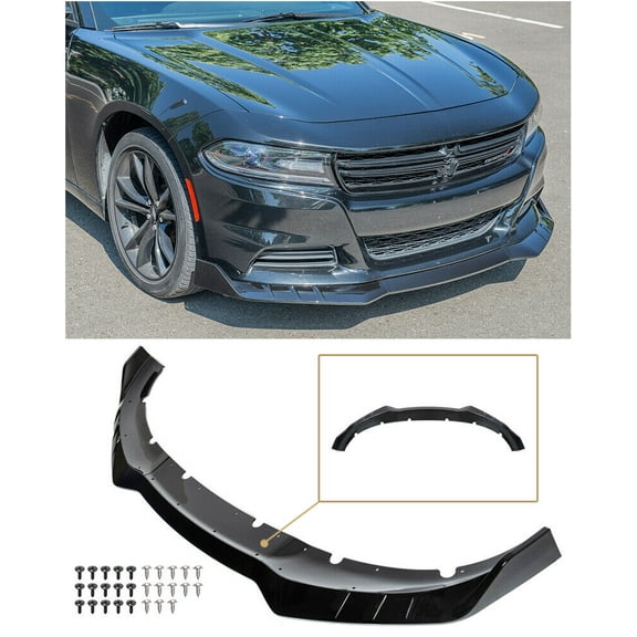 Replacement For 2015-Present Dodge Charger Base | SRT Track Style ABS Plastic - Painted Glossy Black 3Pcs Front Bumper Lower Lip Splitter