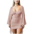 thumbnail image 2 of RYRJJ Women's Lantern Long Sleeve Bodycon Cocktail Dresses Square Neck Drawstring Ruched Evening Club Party Mini Dress(Beige,XL), 2 of 9