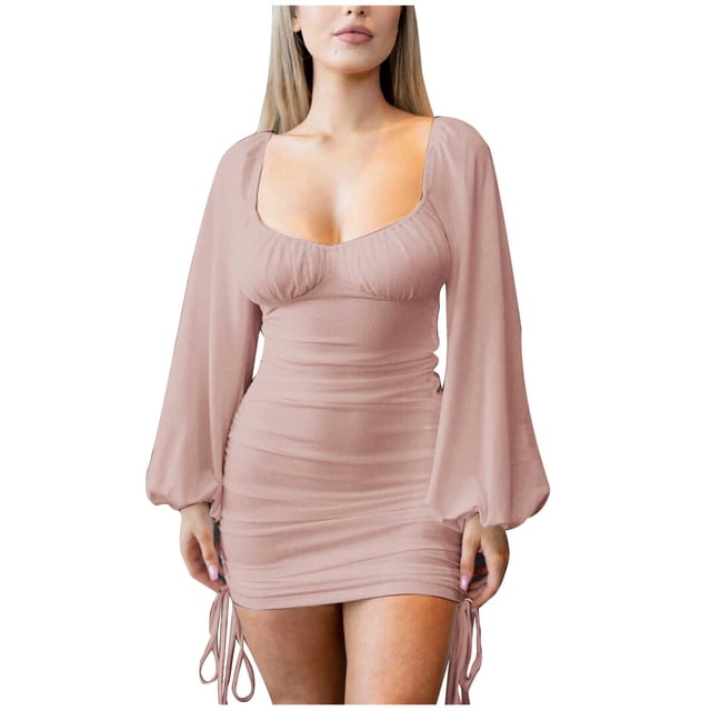 Gspmoly Robes Décontractées pour Femmes, Mode Femmes Robe Unie Décontractée à Manches Longues Col à Lien Mi-Cuisse Robe de Cocktail Offres Hebdomadaires