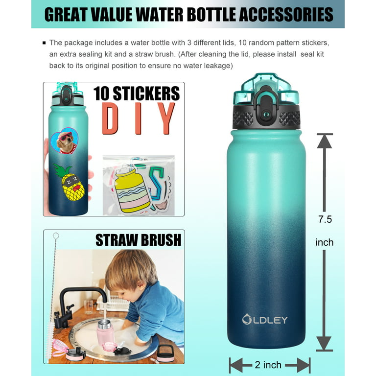 Insulated Water Bottle 20oz Kids Water Bottles with Straw/Chug/Carabiner 3 Lids, Size: 9.65”H x 3.15”W, Blue