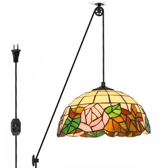 Kiven Plug in Classic Pendant Light, Pulley Hanging Light with Glass Lampshade and 15FT Cord, Retro Dimmable Ceiling Pendant Light for Bedroom Foyer Hallway Kitchen Island, E26 Socket