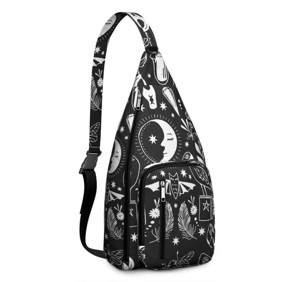 Gothic Celestial Drawstring Backpack – Black & Gold Moon and Star Print – Vintage Steampunk Astrology-Inspired Hiking & Travel Bag for Cosmic and Boho Style Lovers
