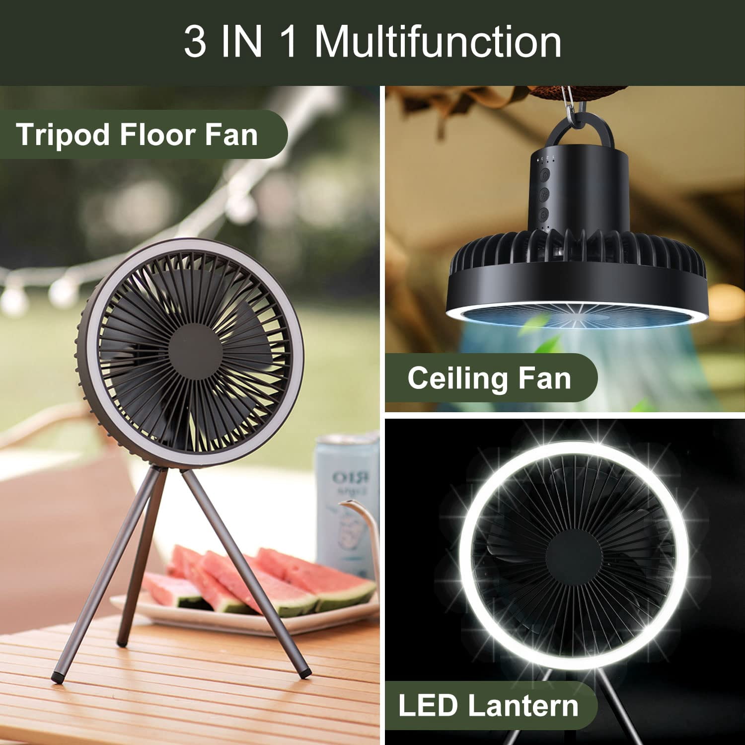 Babyltrl 3 in 1 Portable Desk Fan with LED Lantern,30H Working Time,10000mAh USB Rechargeable Hanging Tent Personal Small Fan for Camping Outdoor Indoor