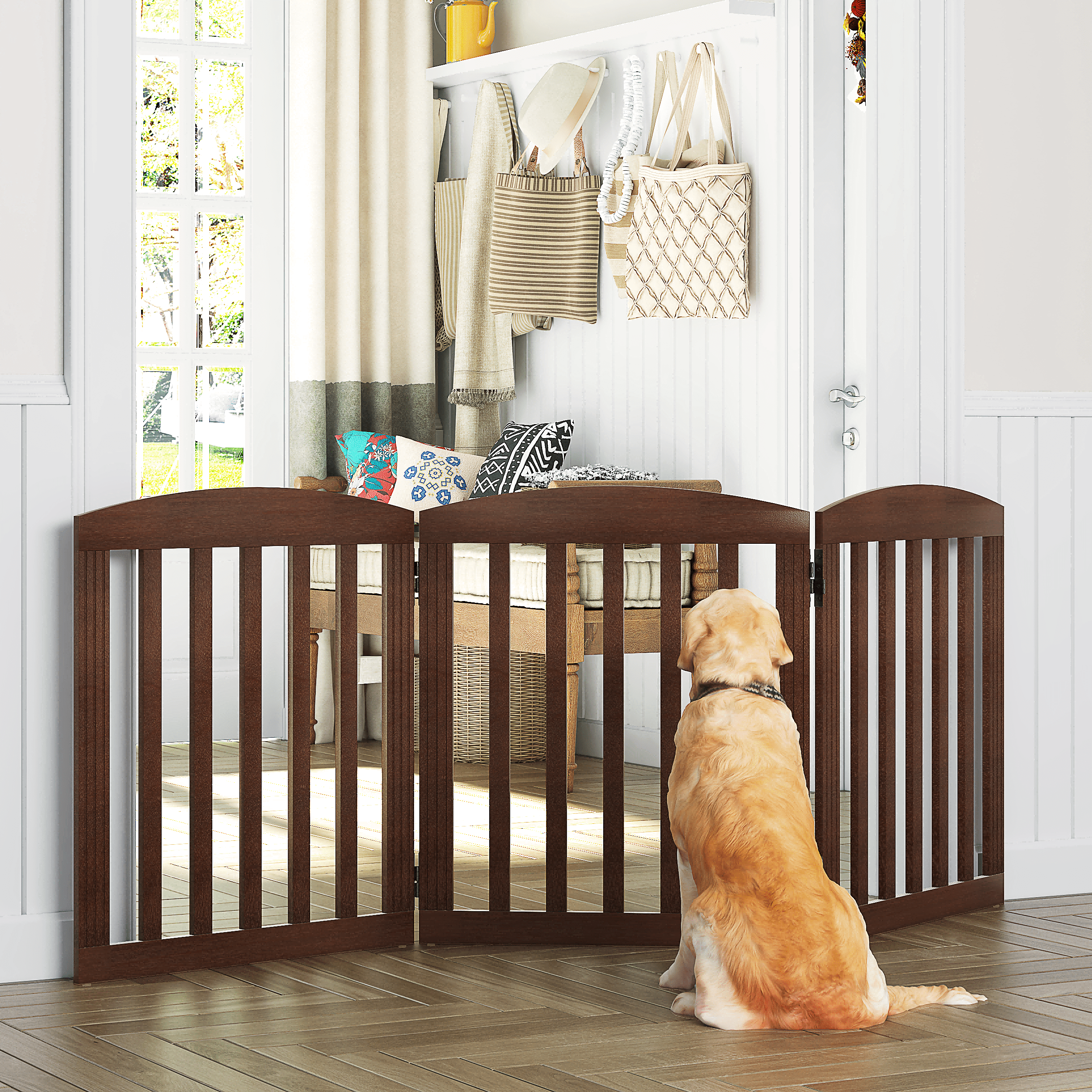 STAROUS Foldable Dog Gate, Dog Gates for Doorways, Stairs, The House, Wooden Freestanding Pet Gate Indoor, Step Over Puppy Gate, 3 Panels, Brown
