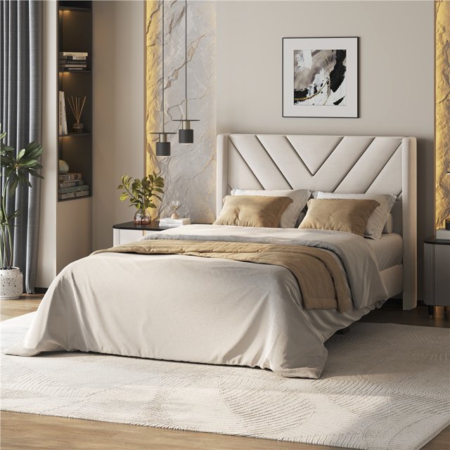 Yaheetech Cadre de Lit Plateforme Rembourré avec Tête de Lit Capitonnée, Simple, Beige