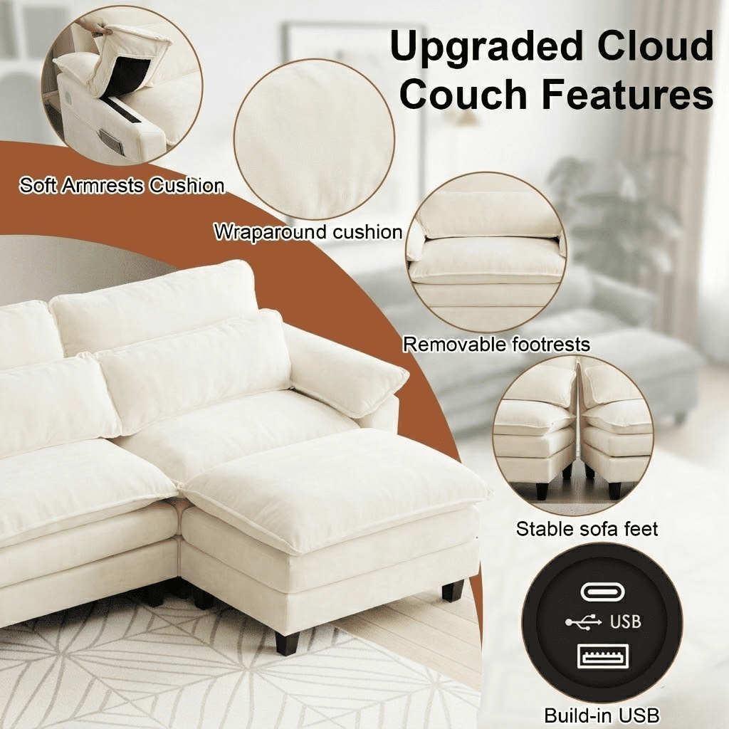 Howcool 148" Modular Sectional Sofa , 4 Seater L-Shaped Cloud Couch with Movable Ottoman, USB Charging Ports & Side Pockets, Sectional couchs for Living Room,Chenille Fabric,Beige