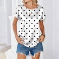 thumbnail image 3 of OIOLOYJM Women Short Sleeve Shirt Polka Dot Satin Casual Shirts Spring Crew Neck Loose Pullover Trendy Work T Shirts White M, 3 of 6