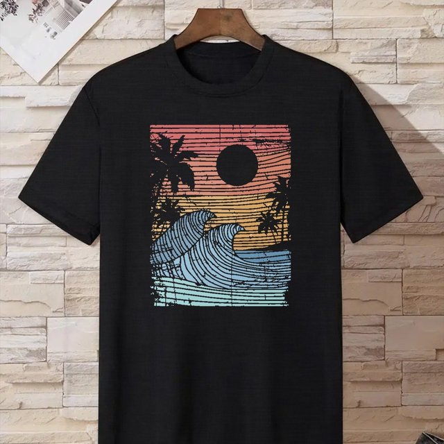 Haga una declaración con esta elegante camiseta gráfica: estampado de cocoteros y olas para ropa de verano para hombres