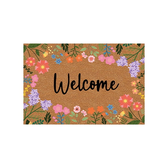 Spring Floral Coir Welcome Doormat, Non Slip Outdoor Entryway Mat, Heavy Duty Floral Floor Rug for Front Door Porch Indoor Outdoor Home Entrance Decor