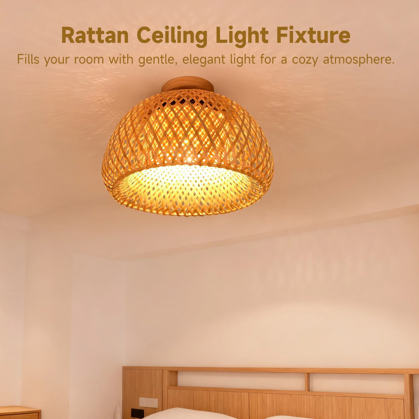 Wood Rattan Ceiling Light Fixture, Semi-Flush Mount Handwoven Rattan Shade, Farmhouse Light Chandelier Shade, Dual-Layer Lamp Fixture for Bedroom, Hallway, Kitchen, E26 Base Included