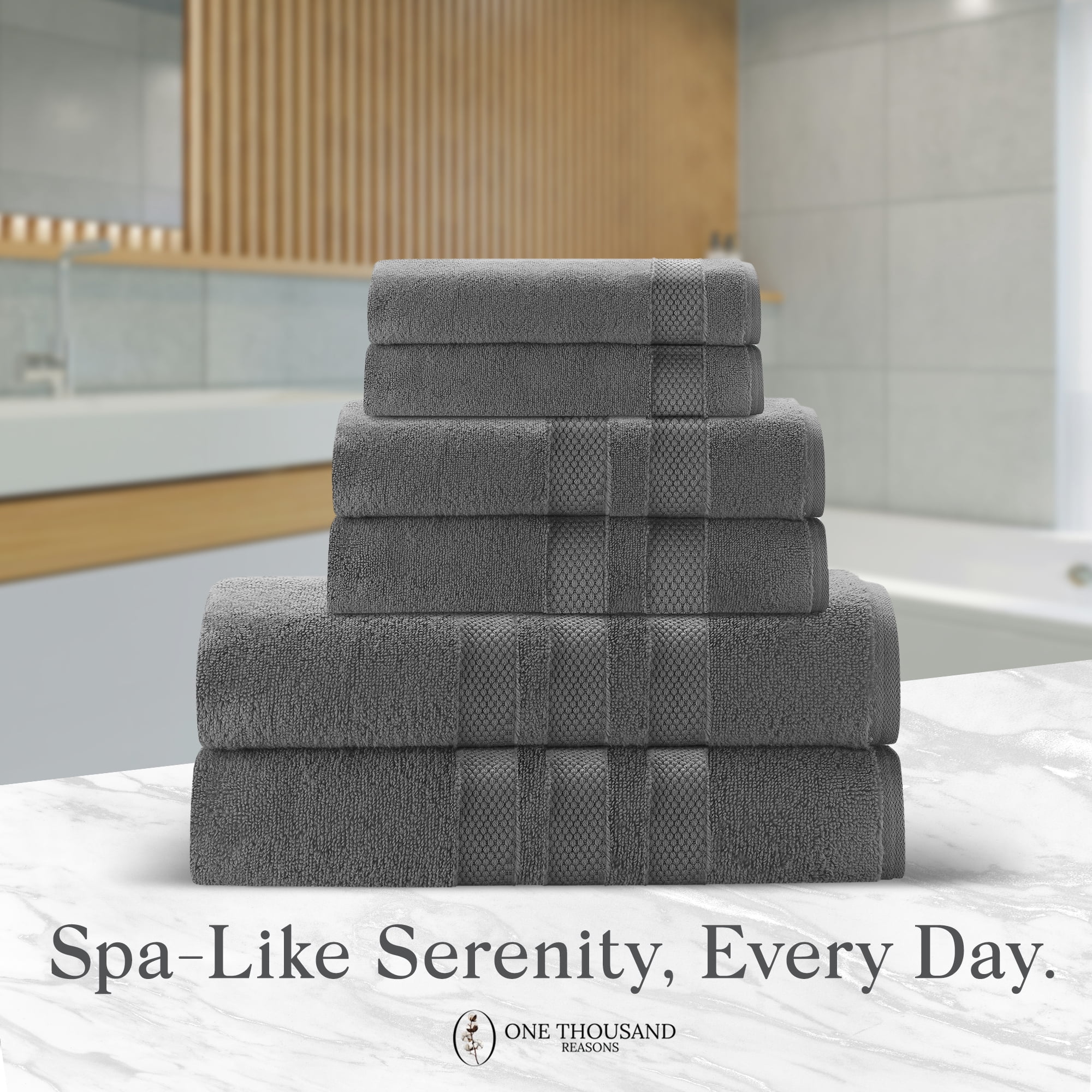One Thousand Reasons Superior Zero Twist 3 Stripe Towel Set | Bath, Gym, Hand Towels | Luxury & Soft Cotton - Charcoal (6 Pieces)