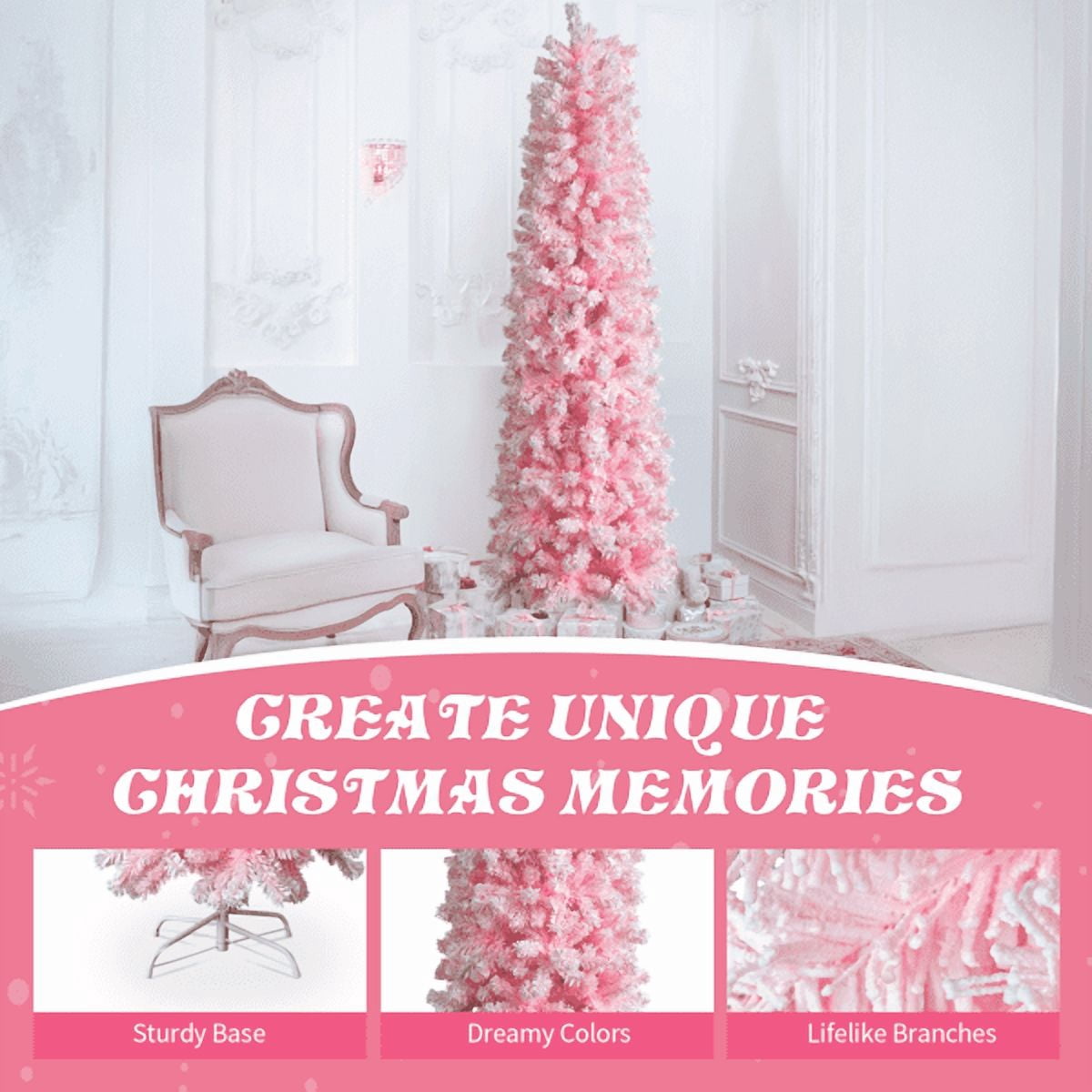 7.5FT Slim Pencil Christmas Tree Snowy Pink Flocked PVC 641 Branch Tips for Small Spaces Apartments Offices