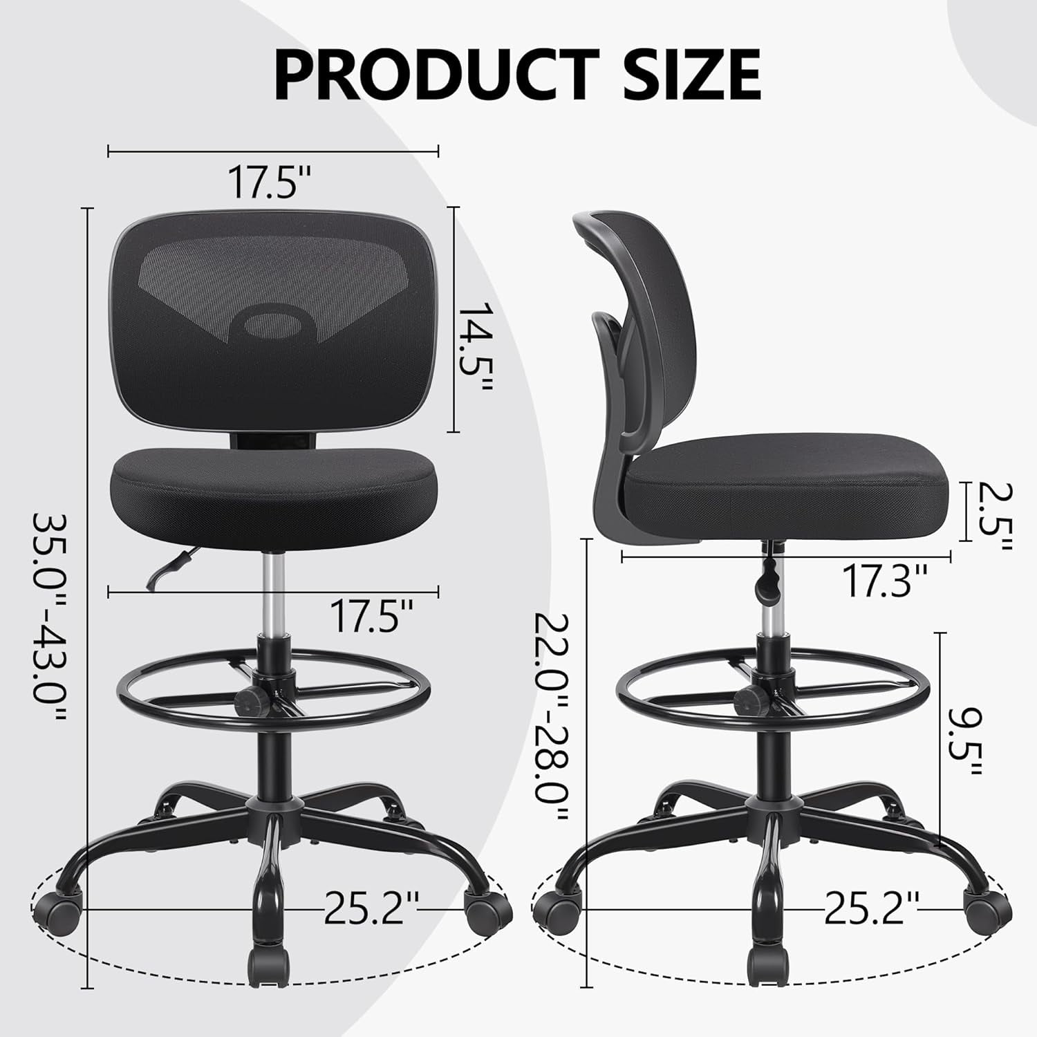 Tall Drafting Desk Chair - Armless, Adjustable Height, Mesh Back, Rolling, Standing Desk Chair for Art Room, Office or Home