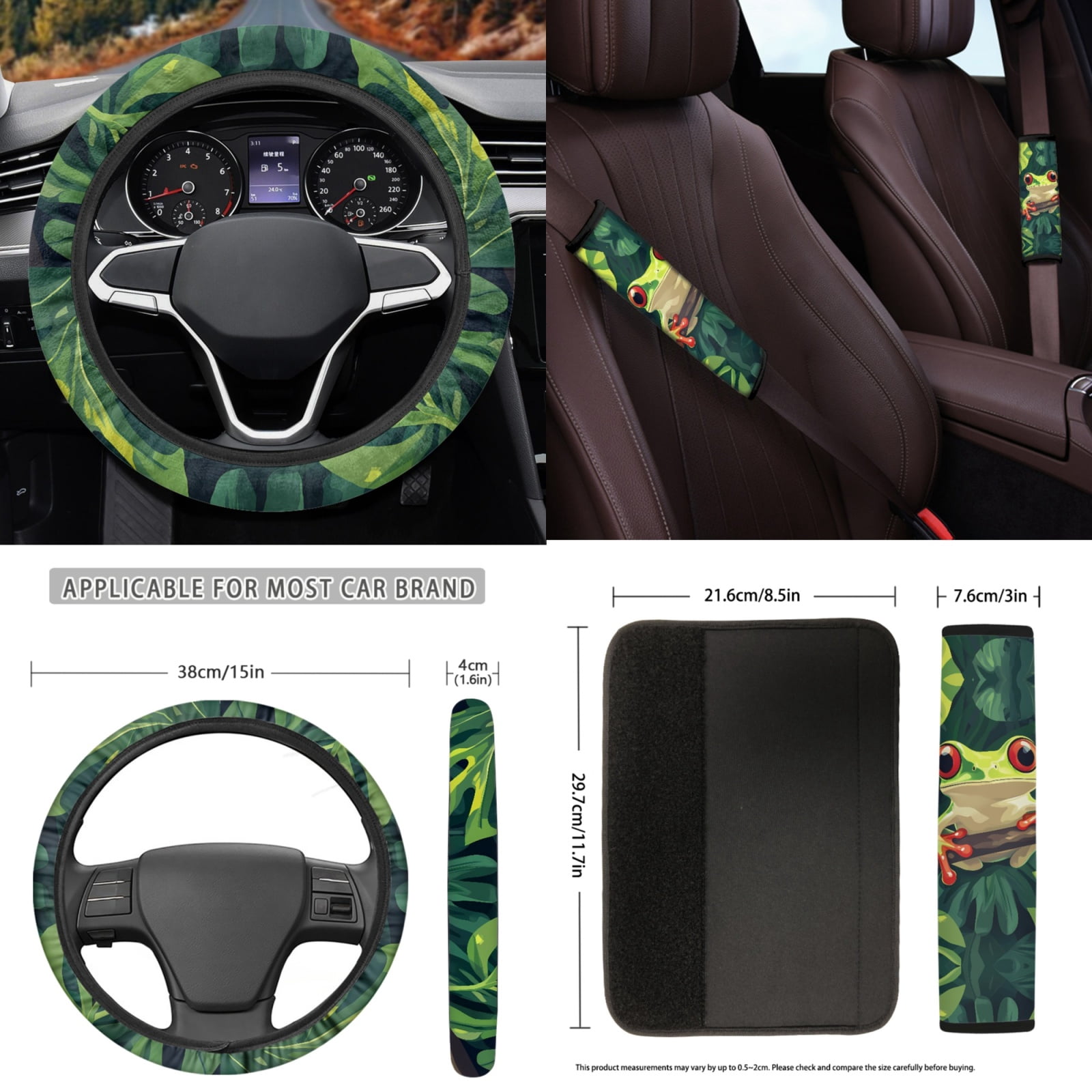 Yuyamidu Frog ar Seat Cover Full Set of 15 Palm Leaves Car Floor Mats Steering Wheel Cover Seat Belt Strap Pads Cup Coasters Gear Shift Knob Cover, Green