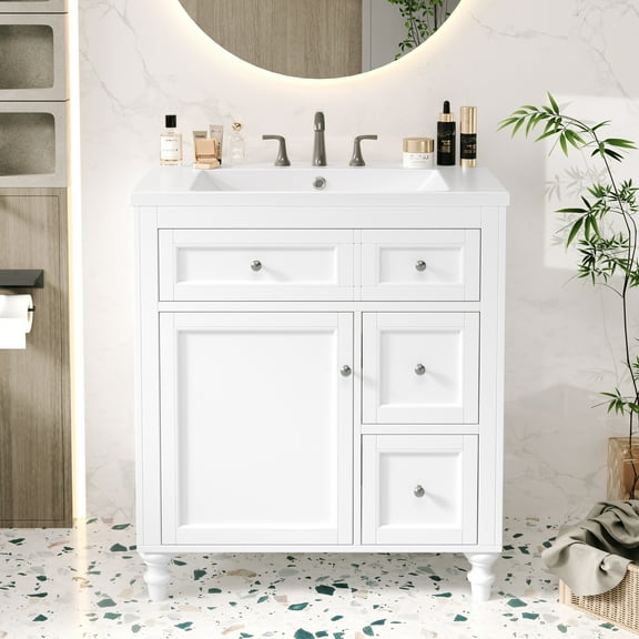 30'' Bathroom Vanity with Top Sink, Modern Bathroom Storage Cabinet with 2 Drawers and a Tip-out Drawer, Single Sink Bathroom Vanity